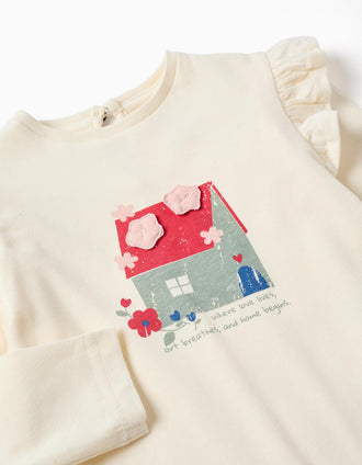 Long sleeve cotton T-shirt with house print for baby girls, white