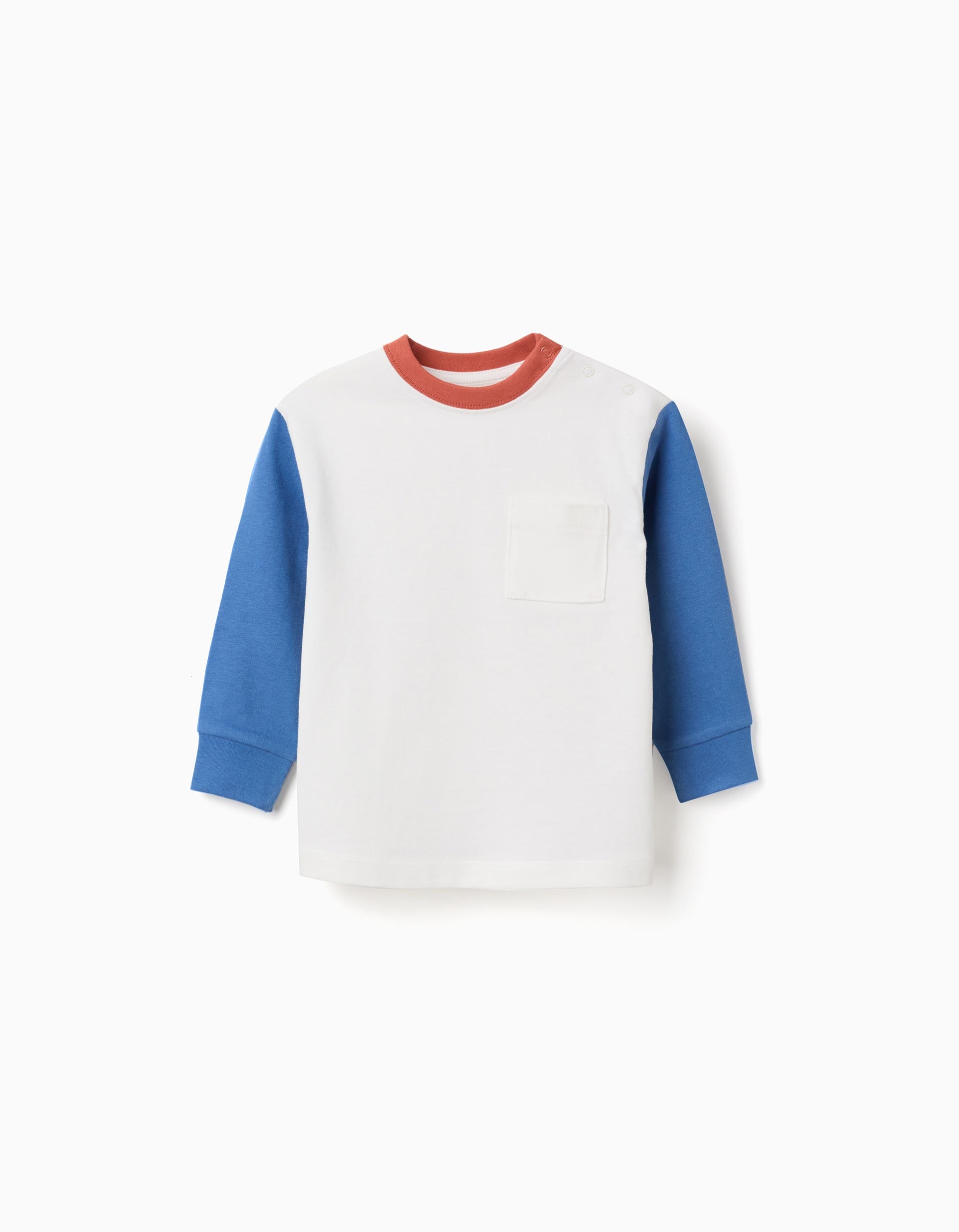 T-shirt de manga comprida com bolso para bebé menino, branco/azul/castanho