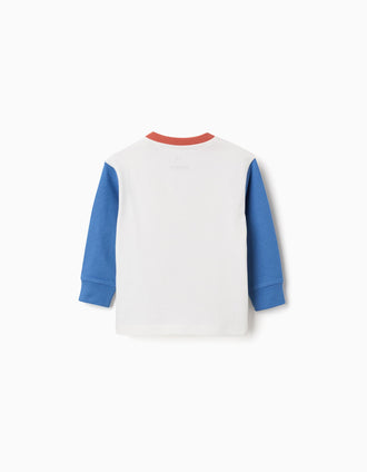 T-shirt de manga comprida com bolso para bebé menino, branco/azul/castanho