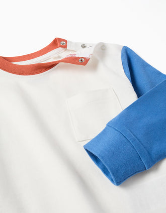 T-shirt de manga comprida com bolso para bebé menino, branco/azul/castanho