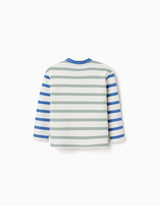 T-shirt de manga comprida às riscas para bebé menino, azul/verde/branco