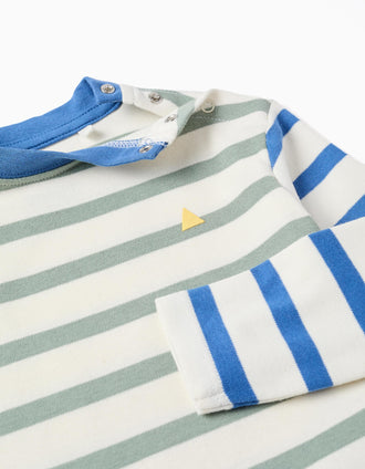 T-shirt de manga comprida às riscas para bebé menino, azul/verde/branco