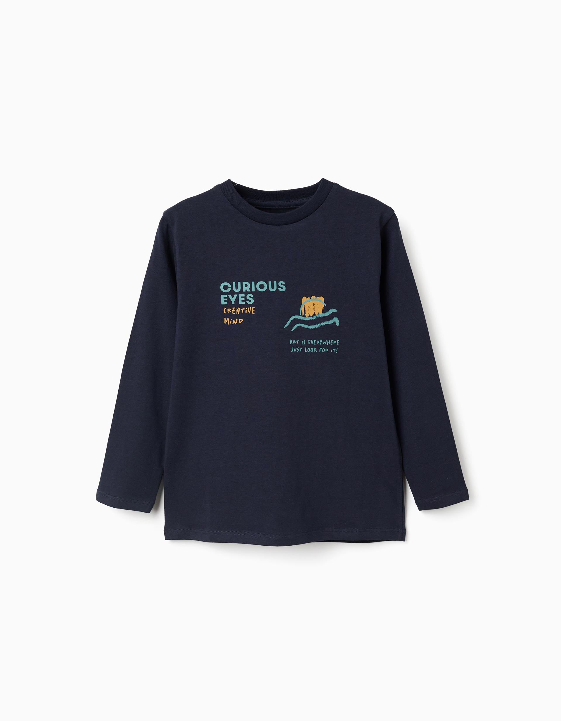 T-shirt de manga comprida com estampado Curious Eyes para menino, azul