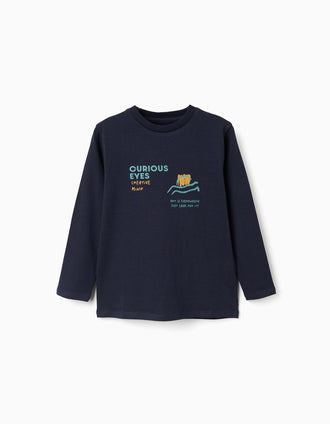 T-shirt de manga comprida com estampado Curious Eyes para menino, azul