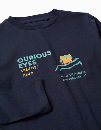 T-shirt de manga comprida com estampado Curious Eyes para menino, azul