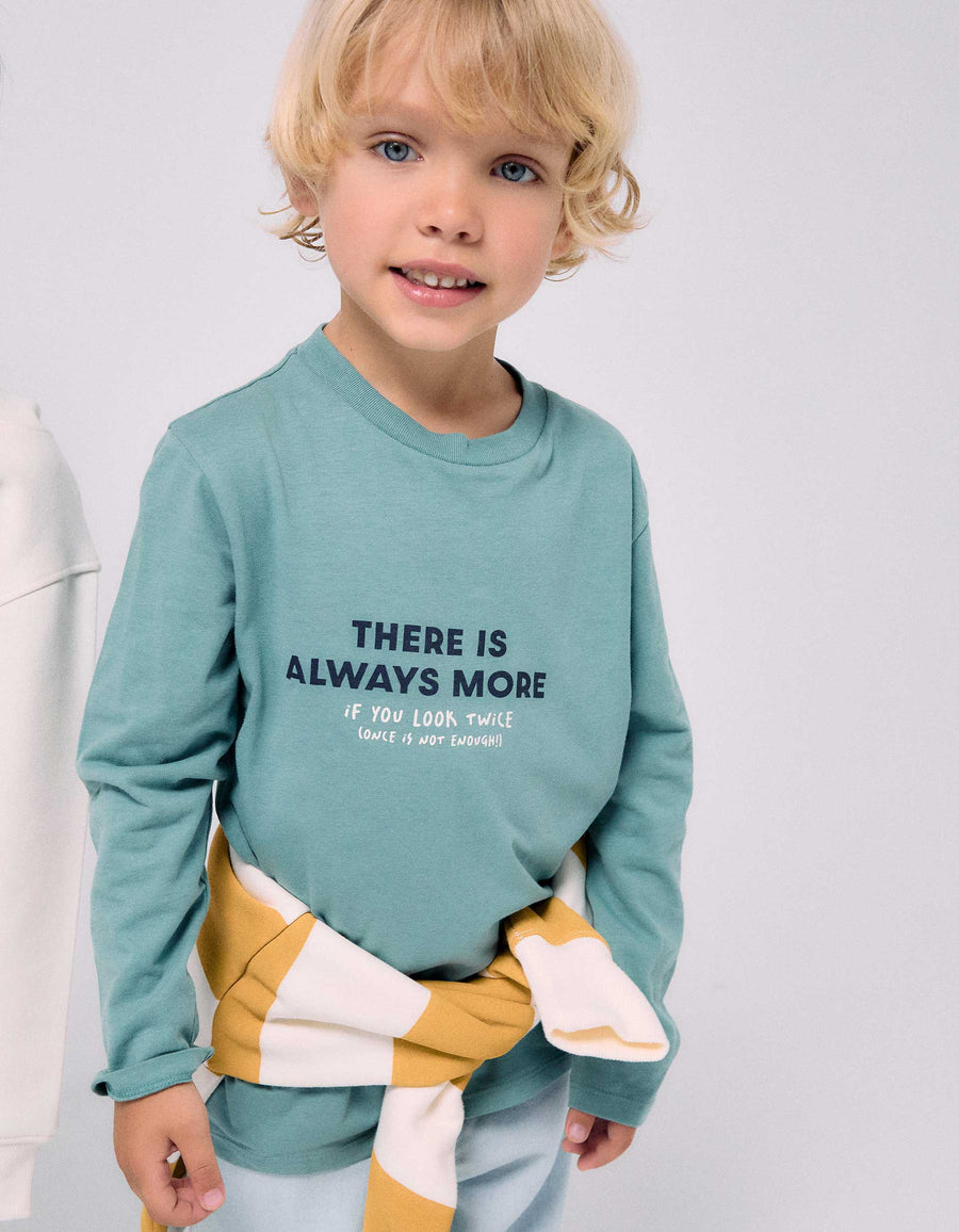 Long sleeve cotton T-shirt with Always More print for boys, blue-green