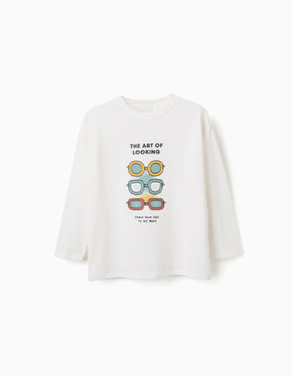 T-shirt de manga comprida com estampado Art of Looking para menino, branco