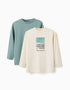 2 T-shirts à manches longues et imprimés pour garçon, blanc/vert clair