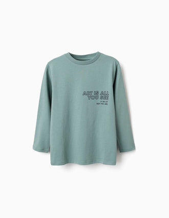 2 T-shirts à manches longues et imprimés pour garçon, blanc/vert clair
