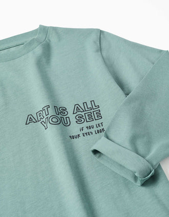 2 T-shirts à manches longues et imprimés pour garçon, blanc/vert clair