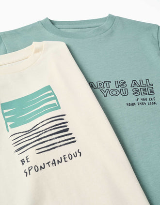 2 T-shirts à manches longues et imprimés pour garçon, blanc/vert clair