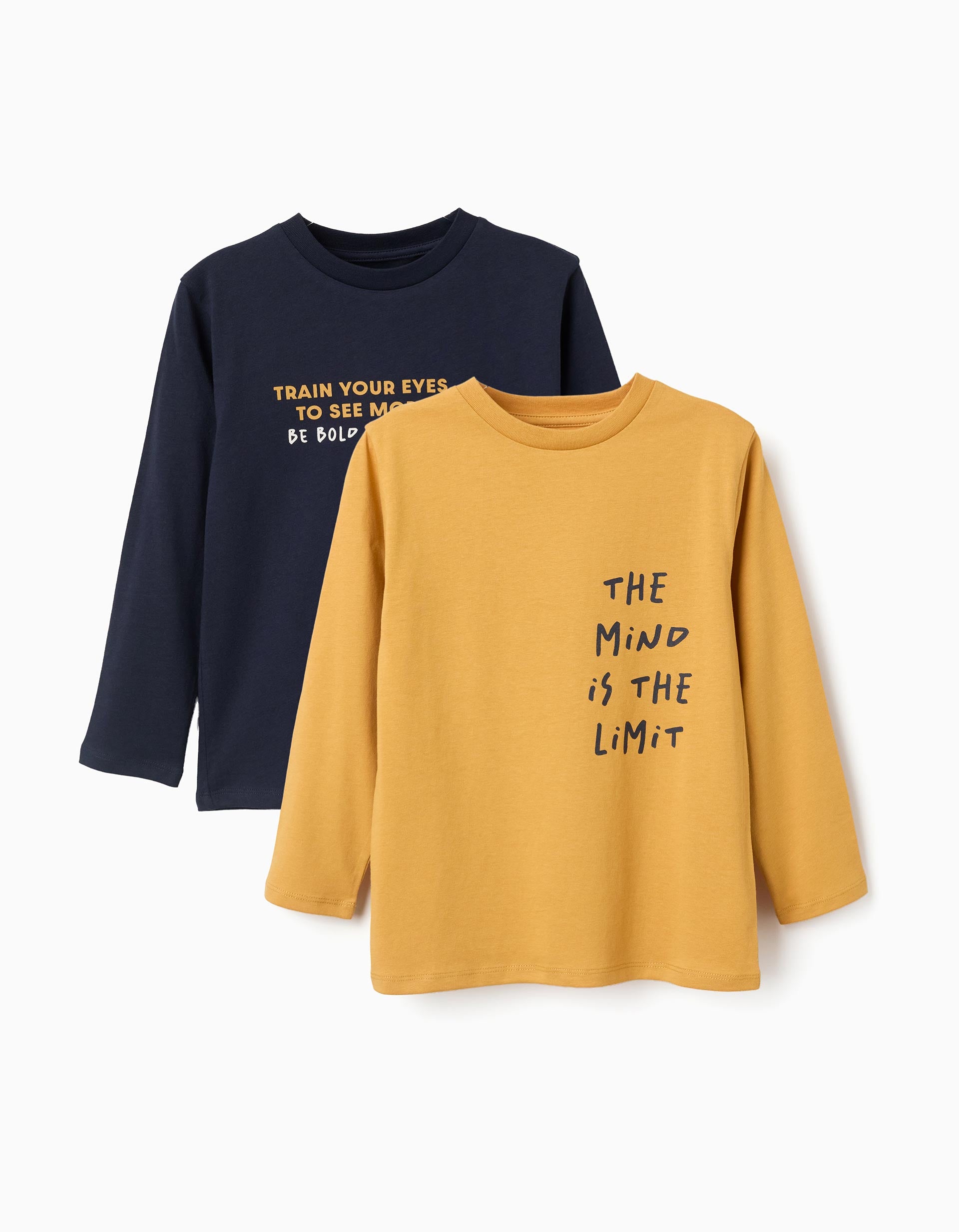 Pack of 2 long sleeve T-shirts with prints for boys, navy blue/yellow