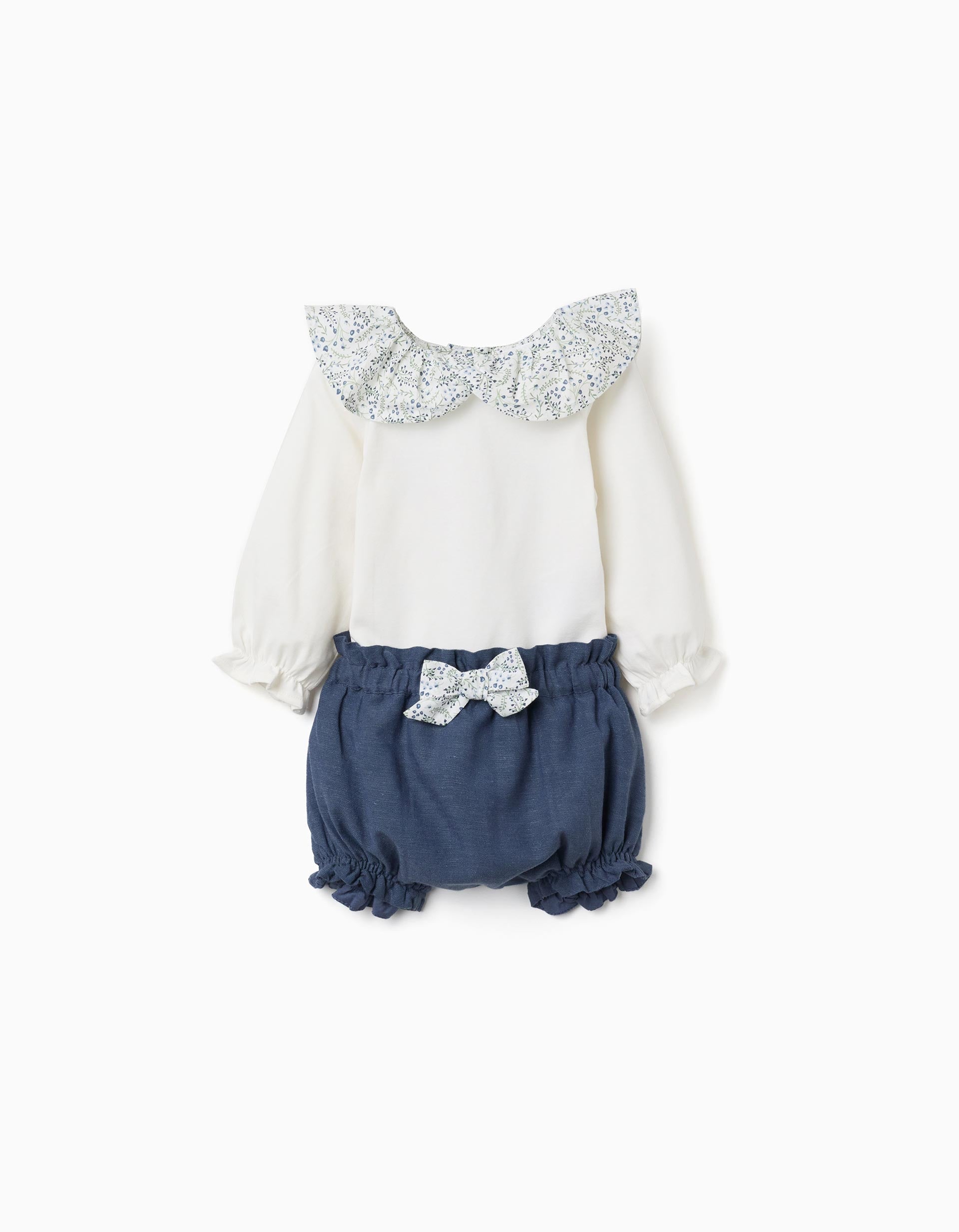 Body + calções de algodão com folhos You&Me para recém-nascida, branco/azul