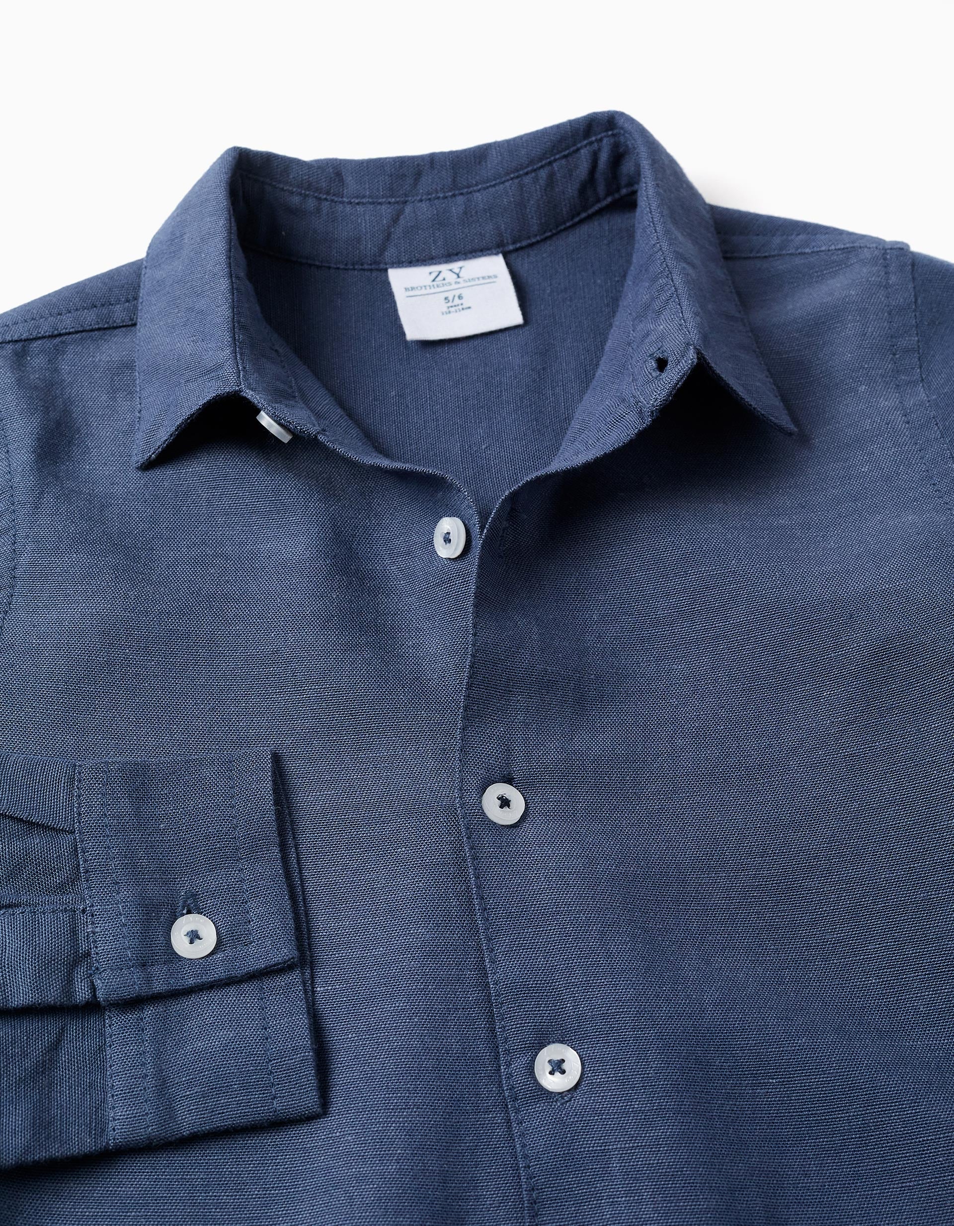 Camisa de linho com mangas dobráveis You&Me para menino, azul