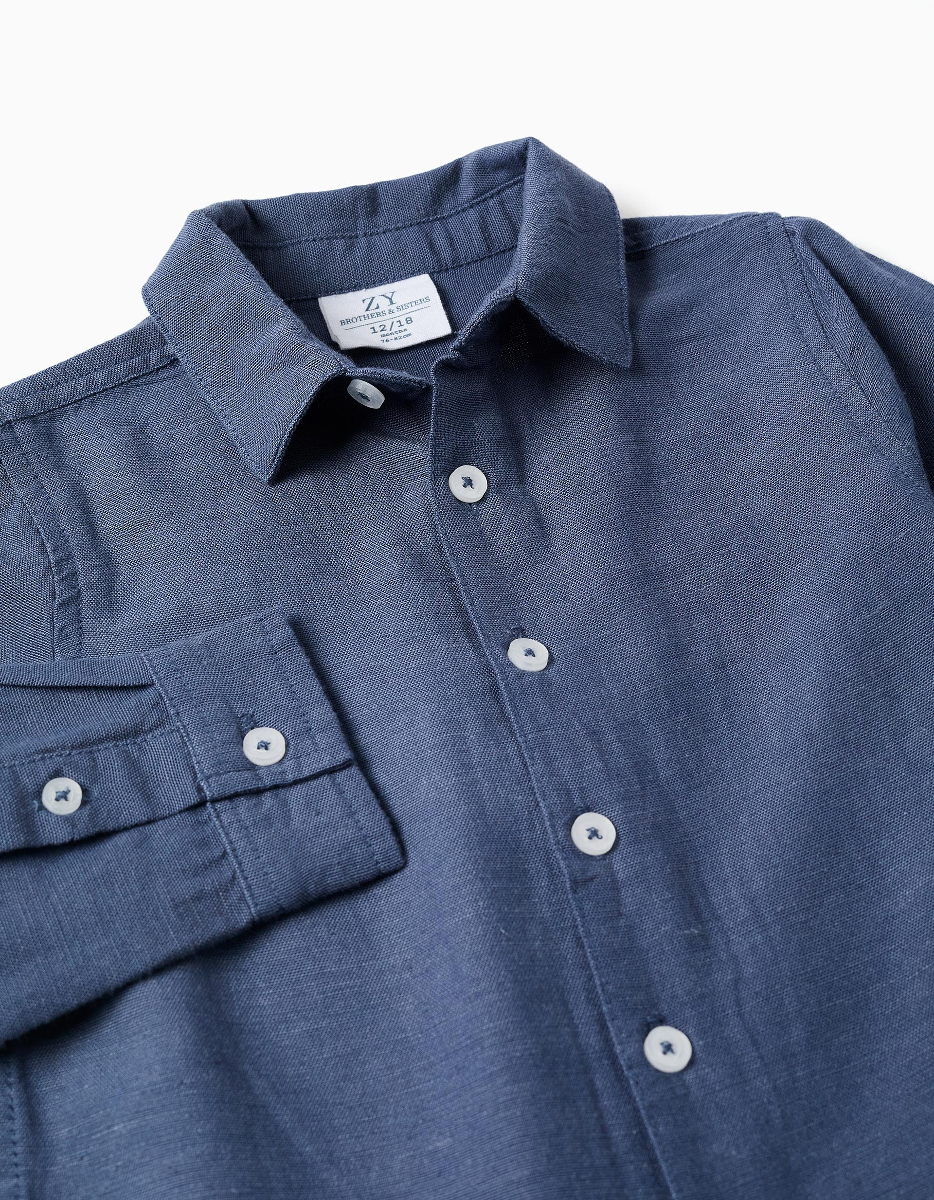 Camisa de linho com mangas dobráveis You&Me para bebé menino, azul