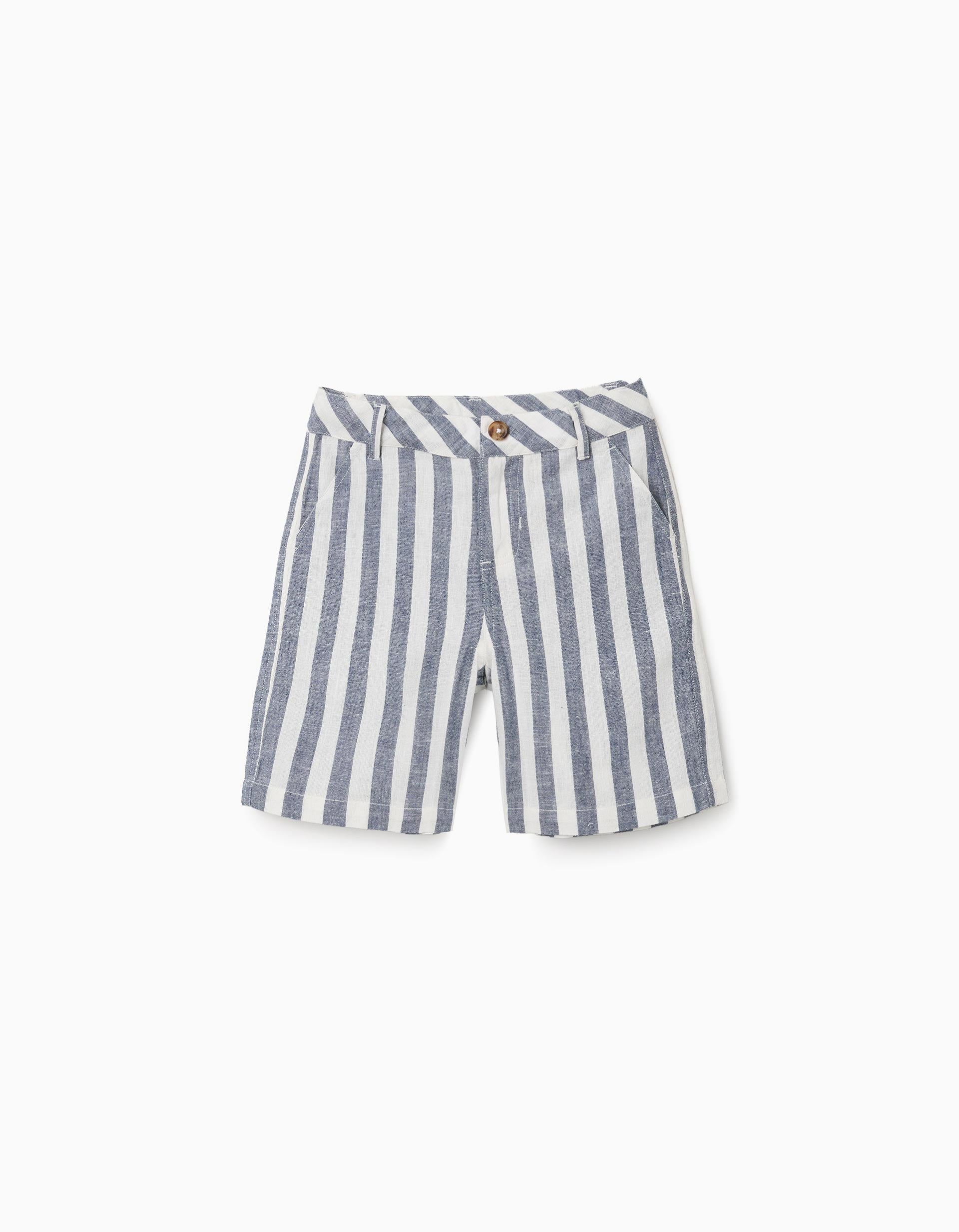 Calções chino em algodão e linho às riscas You&Me para menino, branco/azul