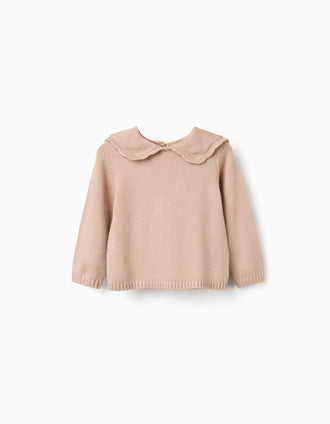 Knitted jumper with scalloped collar for baby girls, beige