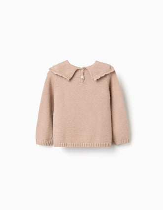 Knitted jumper with scalloped collar for baby girls, beige
