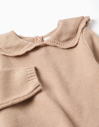 Knitted jumper with scalloped collar for baby girls, beige