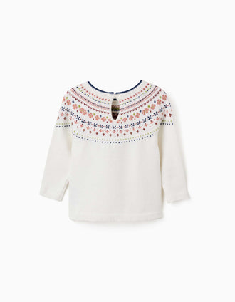 Knitted jumper with jacquard pattern for baby girls, white
