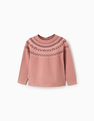 Jersey de punto con jacquard para niña, rosa empolvado