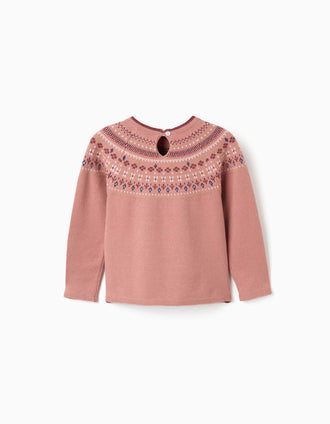 Jersey de punto con jacquard para niña, rosa empolvado