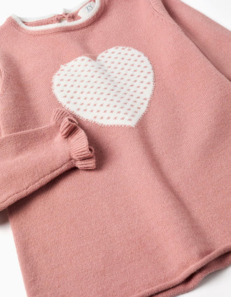Jersey de punto con corazón jacquard para niña, rosa/blanco