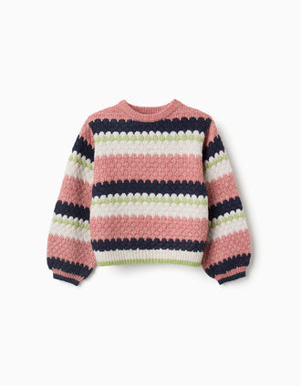 Knitted jumper with stripes for girls, pink/beige/blue/green