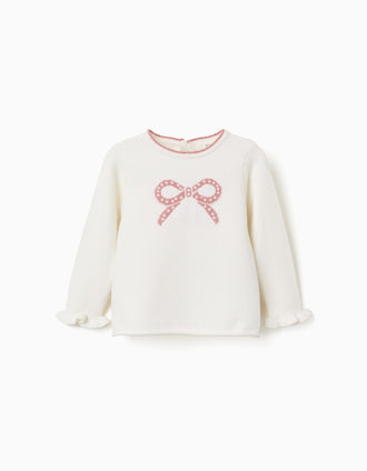 Knitted jumper with jacquard bow for baby girls, white/pink