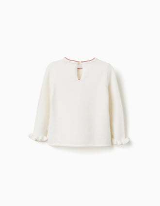 Knitted jumper with jacquard bow for baby girls, white/pink