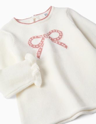 Knitted jumper with jacquard bow for baby girls, white/pink