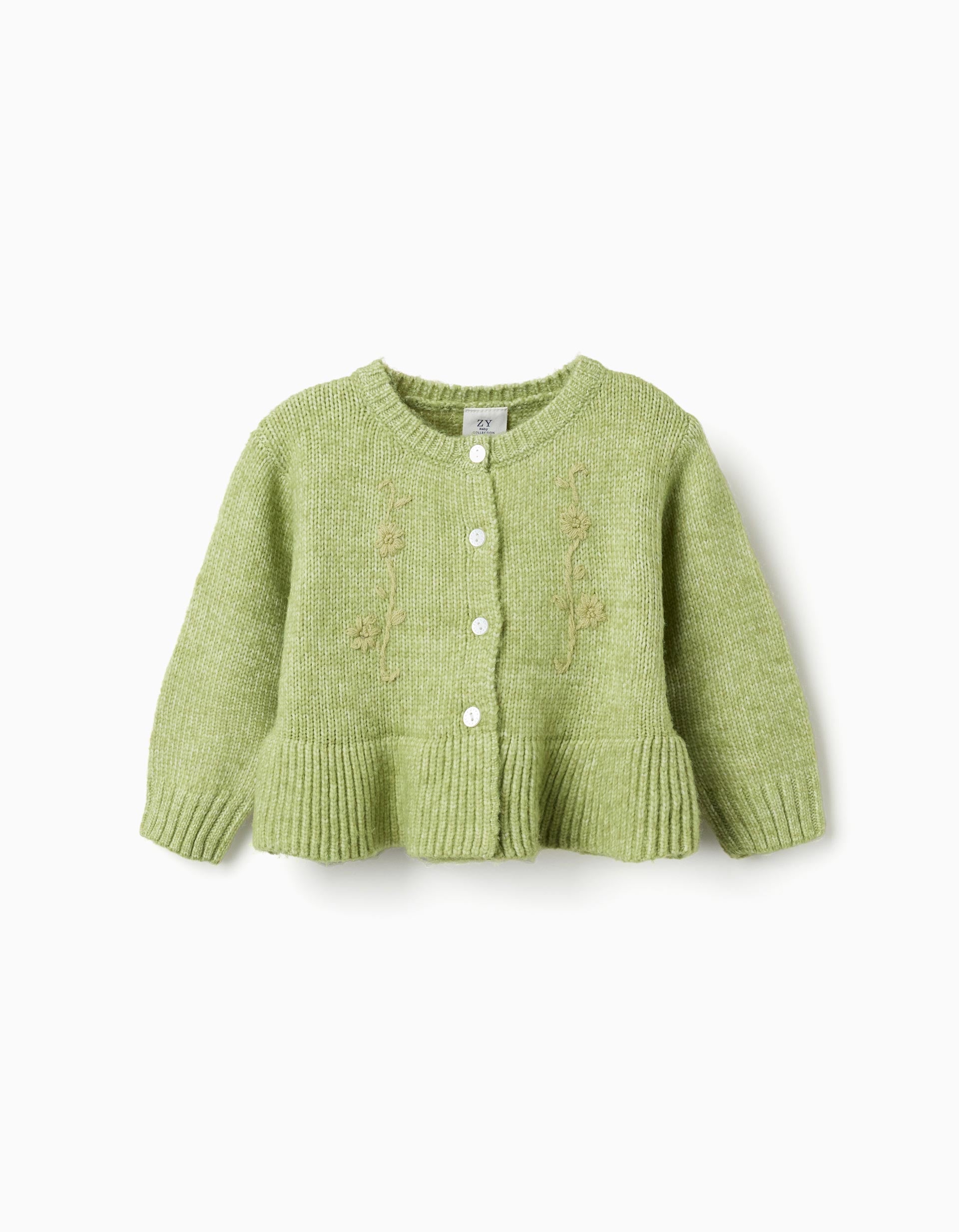 Cardigan with embroidered flowers for baby girls, lime green