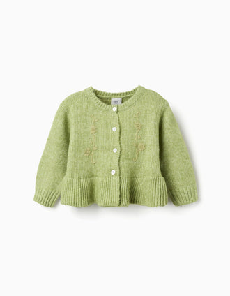 Cardigan with embroidered flowers for baby girls, lime green