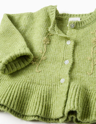 Cardigan with embroidered flowers for baby girls, lime green