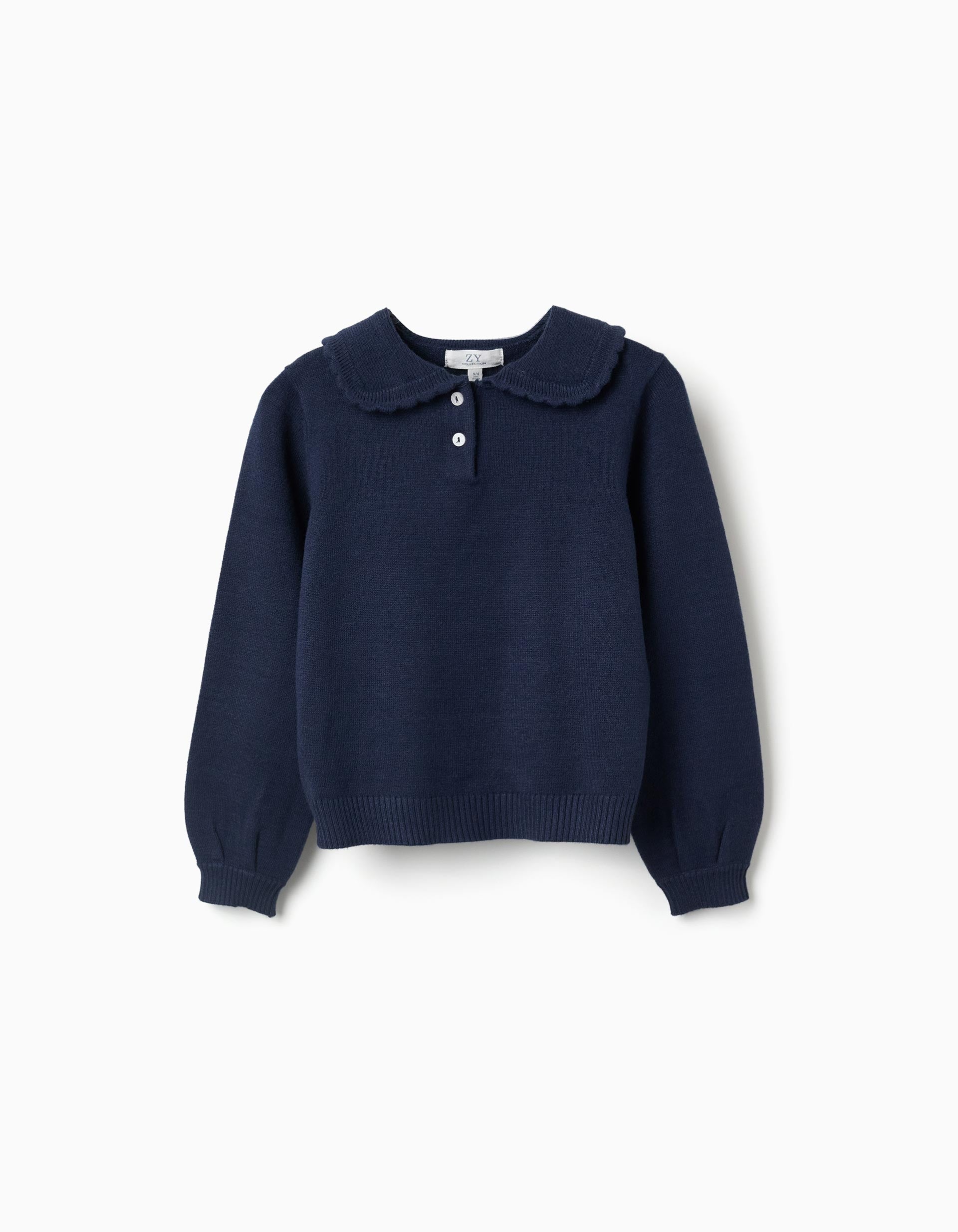 Knitted jumper with scalloped collar for girls, navy blue