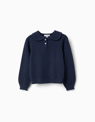 Knitted jumper with scalloped collar for girls, navy blue