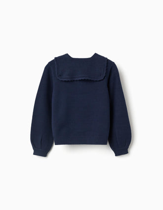 Knitted jumper with scalloped collar for girls, navy blue