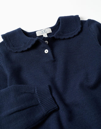Knitted jumper with scalloped collar for girls, navy blue