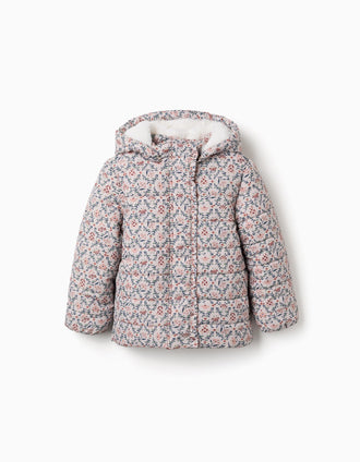Casaco acolchoado floral com capuz e forro em pelo para menina, bege