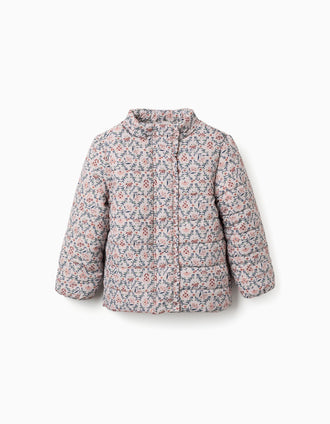 Casaco acolchoado floral com capuz e forro em pelo para menina, bege