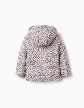 Casaco acolchoado floral com capuz e forro em pelo para menina, bege