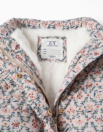Casaco acolchoado floral com capuz e forro em pelo para menina, bege