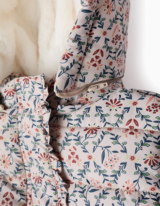 Casaco acolchoado floral com capuz e forro em pelo para menina, bege