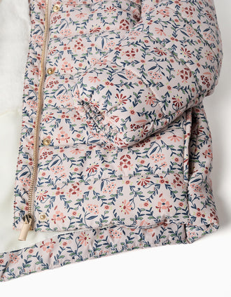 Casaco acolchoado floral com capuz e forro em pelo para menina, bege