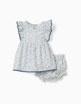 Cotton dress + bloomers with floral motif You&Me for newborn girls, white