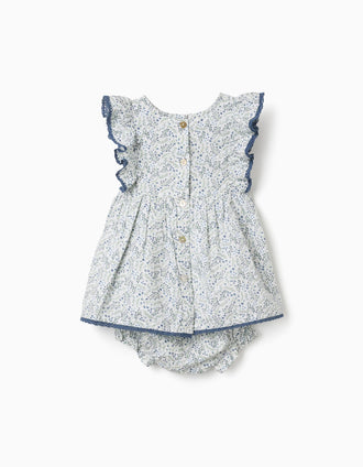 Cotton dress + bloomers with floral motif You&Me for newborn girls, white