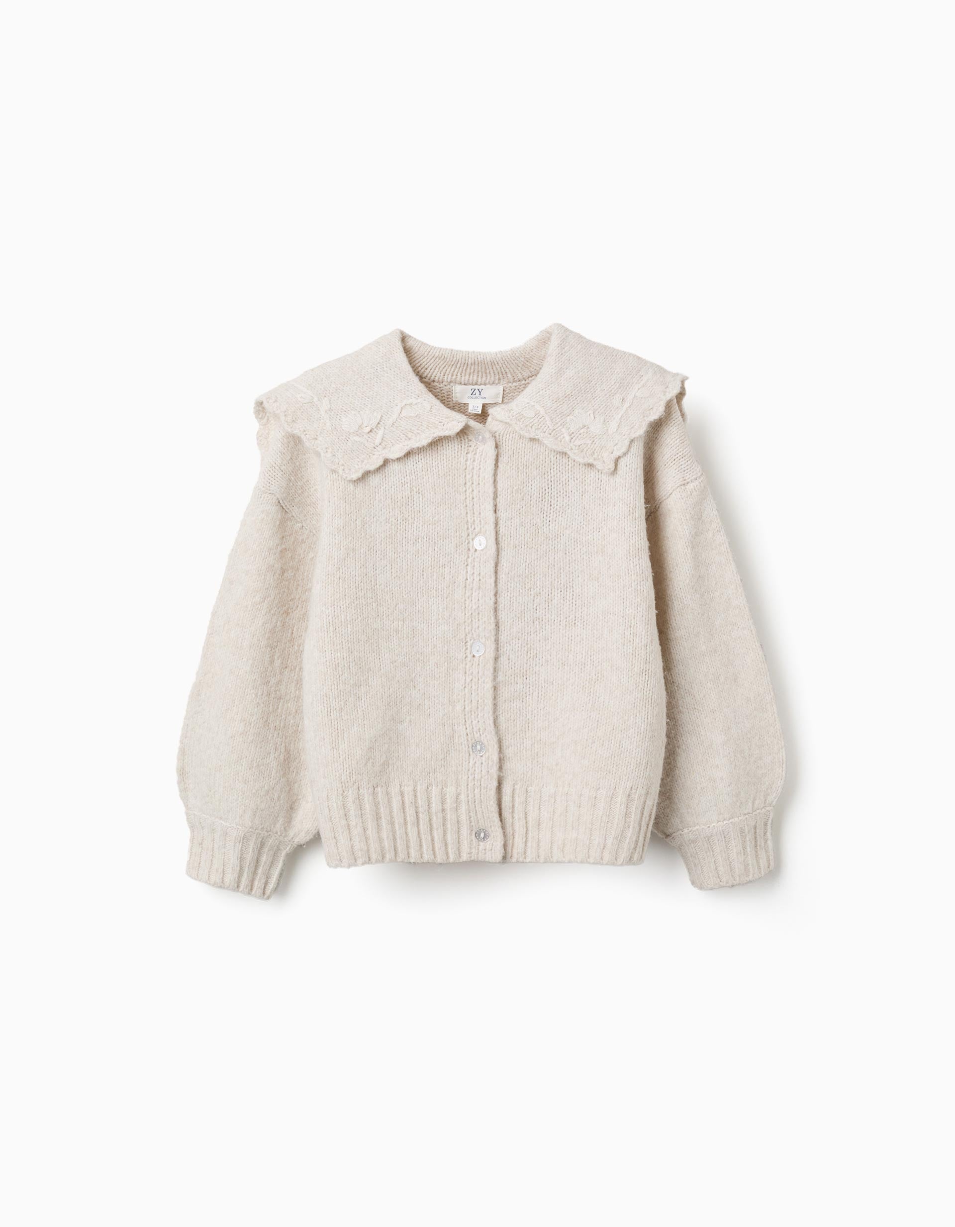 Knitted cardigan with embroidered collar for girls, light beige