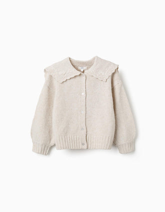 Knitted cardigan with embroidered collar for girls, light beige