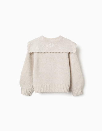 Knitted cardigan with embroidered collar for girls, light beige