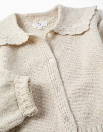 Knitted cardigan with embroidered collar for girls, light beige